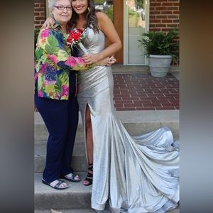 Jovani Silver/Goldish Dress with long, beautiful train